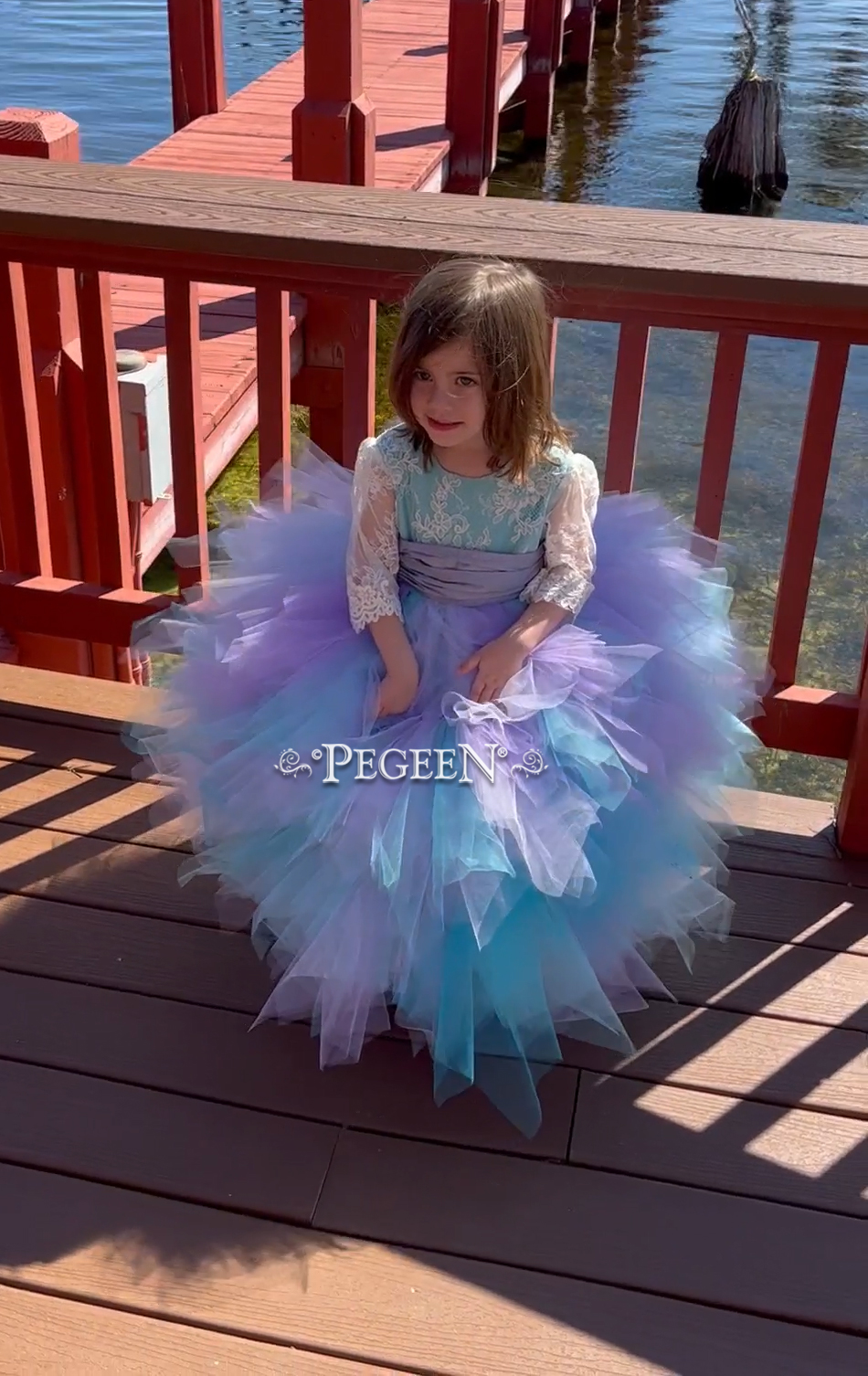 Flower girl dress Style 921 with aloncon lace and shades of lavender and purples tulle