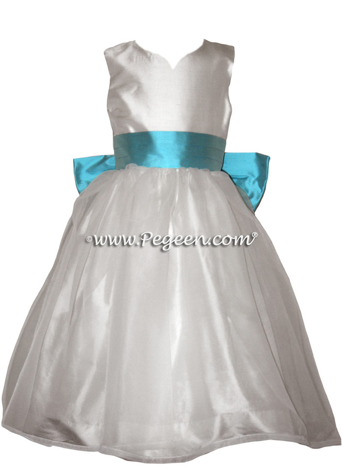 Antique White and Bahama Breeze - Classic Flower Girl Dress  Style 309