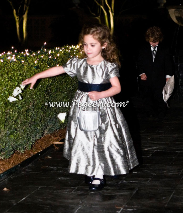 Silk flower girl dress in silver and navy