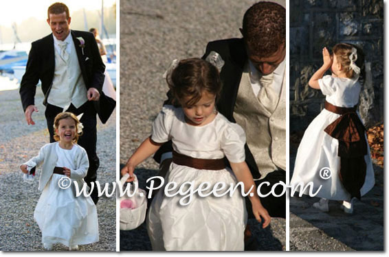 Toddler Flower girl dress in ivory and chocolate brown silk
