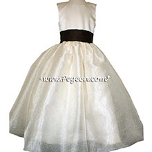 Chocolate brown and ivory satin CUSTOM FLOWER GIRL DRESS With back Flowers