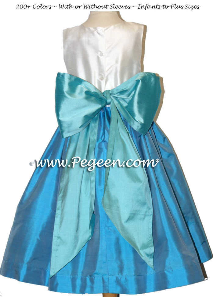 TIFFANY BLUE AND TURQUOISE SILK and TULLE FLOWER GIRL DRESSES