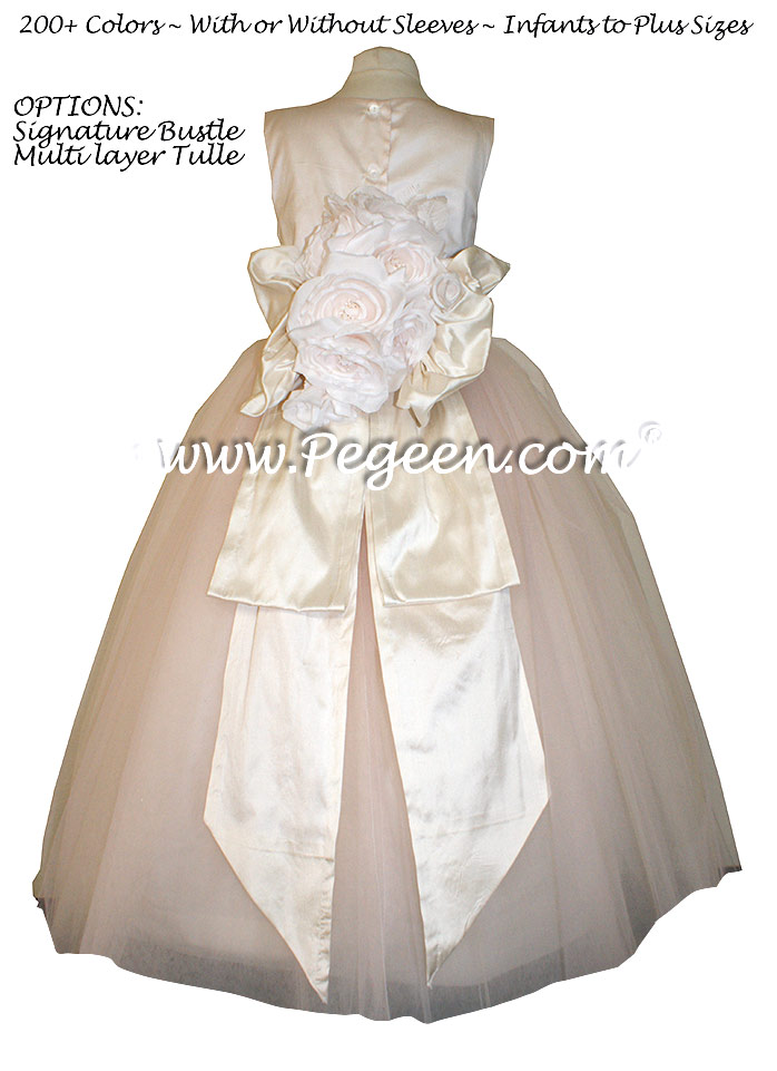 Champagne Pink and Bisque (creme) ballerina style FLOWER GIRL DRESSES with layers and layers of tulle