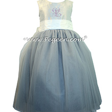 Flower Girl Dresses in Platinum and Antique White with Lavender Monogramming
