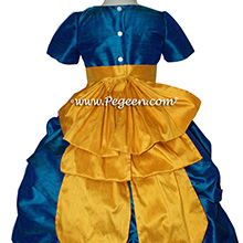 PEACOCK BLUE AND GOLDENROD (MUSTARD) PUDDLE DRESS WITH SLEEVES JR BRIDESMAIDS DRESSES