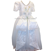 White Silk First Communion Dress or Cotillion Dress with Rhinestone Trim and Cinderella Bow with Trailing Roses and Monogramming