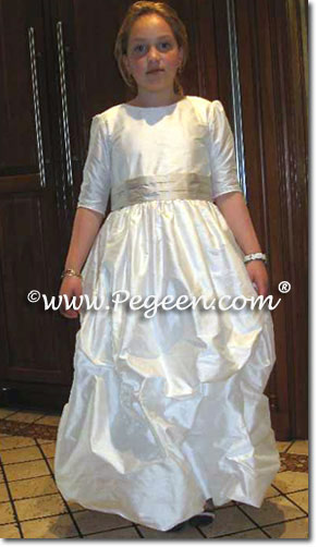 3/4 Sleeves Platinum and ivory silk junior bridesmaids dresses bubble dress