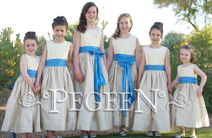 Jr bridesmaids dresses in Blue Moon, Gold and Buttercreme