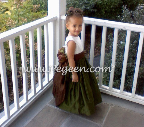 Green and brown silk flower girl dresses