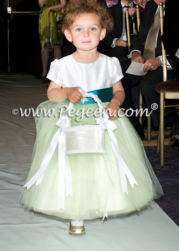 TIFFANY BLUE TULLE with chocolate tulle FLOWER GIRL DRESSES Style 356