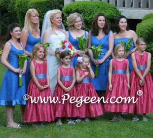 Hydrangea Blue and Azalea Pink custom silk flower girl dresses for a beach wedding