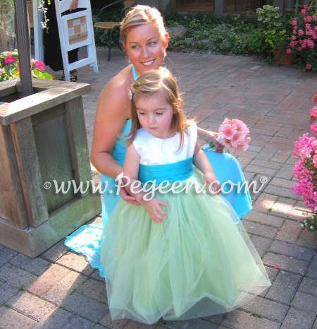 Turquoise and apple green tulle flower girl dresses Style 356