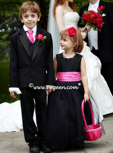 Black and hot pink silk flower girl dress with black tulle