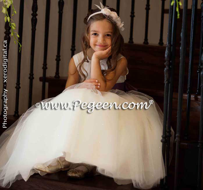 Flower girl dresses in style 402 in ivory and euro lilac with Pegeen Signature Bustle