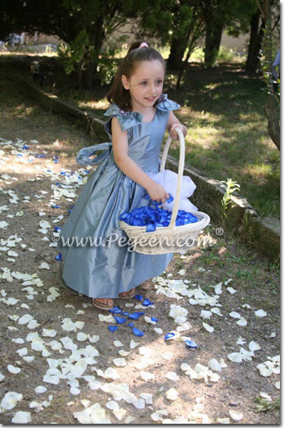 Adriatic blue silk flower girl dress, France