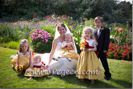 Mustard Yellow and Cranberry Red Silk flower girl dresses