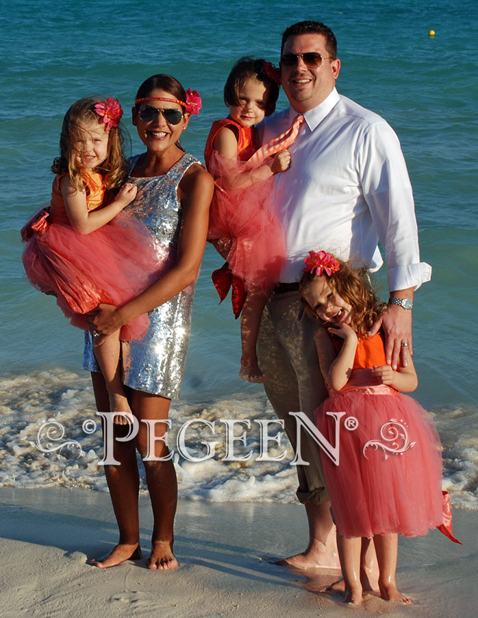 Melon and peach silk and tulle flower girl dresses by Pegeen Couture Style 402