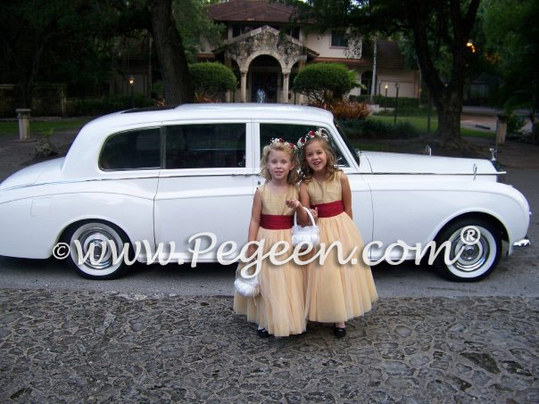 Gold and red tulle flower girl dressses by Pegeen