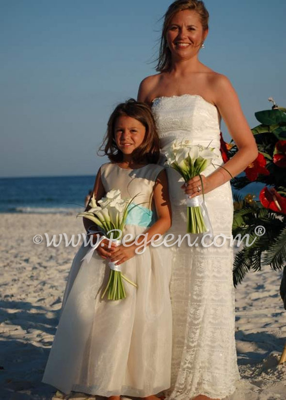 Pegeen Style 326 FLOWER GIRL DRESSES in summer tan and tiffany blue