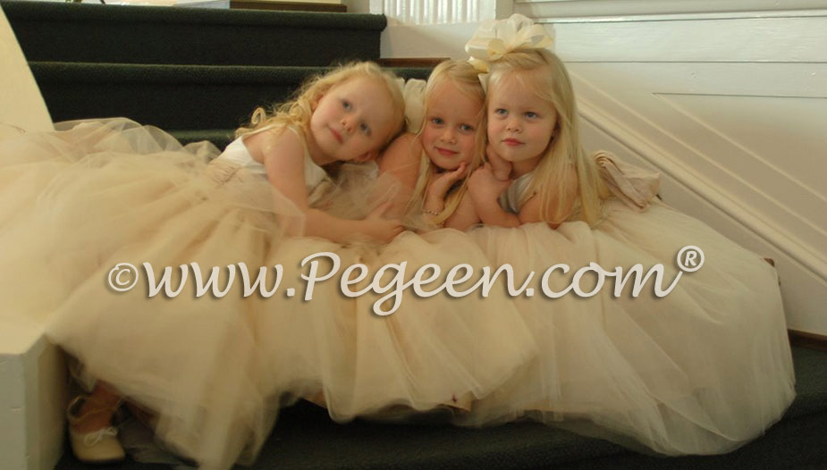 This bride chose various shades of ivory and bisque to accent her flower girls' tulle dresses