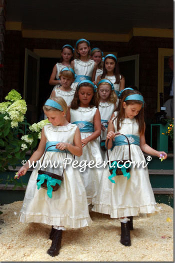 Bisque creme and adriatic aqua Blue Flower Girl Dresses