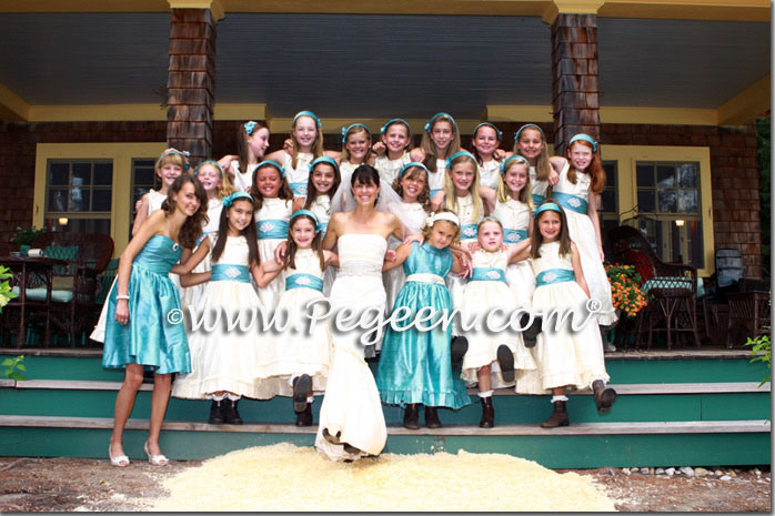 flower girl dresses of the year runner-up in Bisque creme and adriatic aqua blue silk