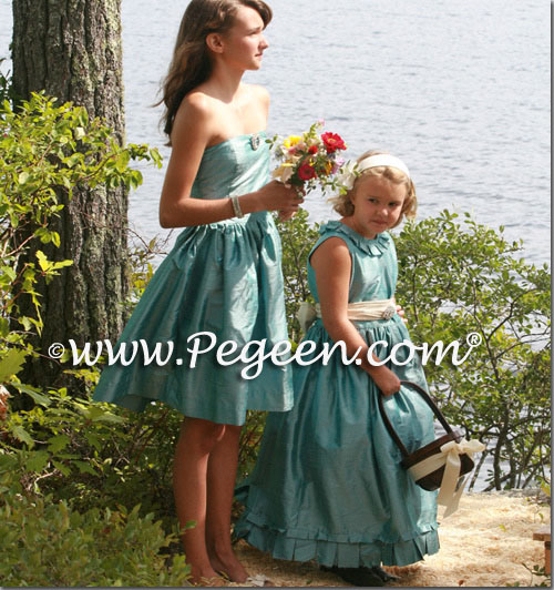 Bisque creme and adriatic aqua Blue silk flower girl dresses with trellis top