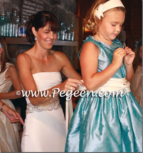 Bisque creme and adriatic aqua Blue silk flower girl dresses with trellis top