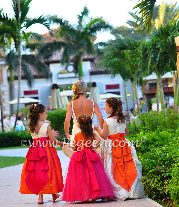 Flower Girl Dresses/Island Wedding of the Year 2014 in Mango Orange and Hot Boing Pink Flower Girl Dresses/Island Wedding of the Year 2014 in Mango Orange and Hot Boing Pink - Pegeen Styles (l to r) 345, 402, 403