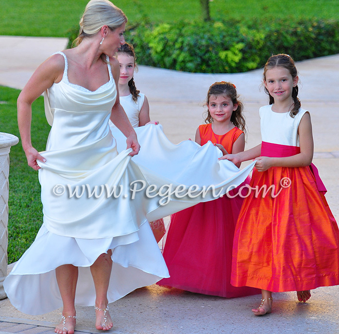 Flower Girl Dresses/Island Wedding of the Year 2014 in Mango Orange and Hot Boing Pink Flower Girl Dresses/Island Wedding of the Year 2014 in Mango Orange and Hot Boing Pink - Pegeen Styles (l to r) 403, 402, 345