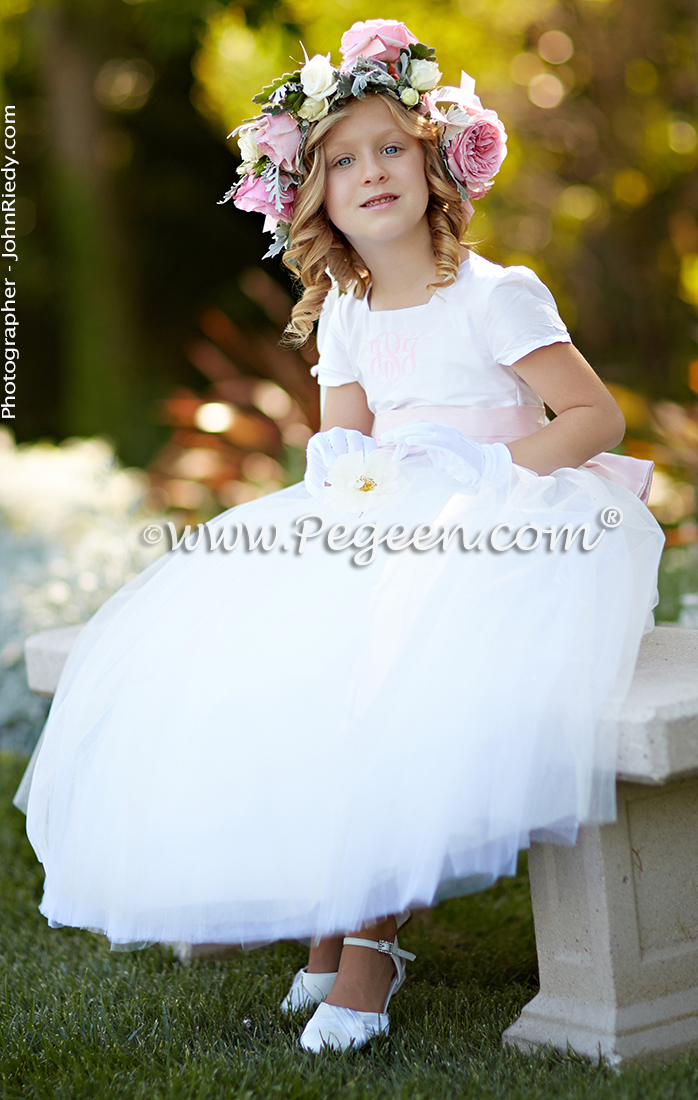 Flower Girl Dresses/California Luxury Wedding of the Year 2014 in Antique White and Peony Pink Style 902 - From the Fairytale Flower Girl Dress Collection in Silk and Tulle with Monogramming
