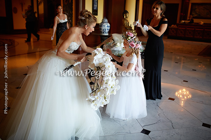 Flower Girl Dresses/California Luxury Wedding of the Year 2014 in Antique White and Peony Pink Style 902 - From the Fairytale Flower Girl Dress Collection in Silk and Tulle with Monogramming