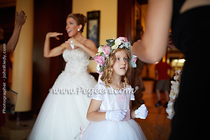 Flower Girl Dresses/California Luxury Wedding of the Year 2014 in Antique White and Peony Pink Style 902 - From the Fairytale Flower Girl Dress Collection in Silk and Tulle with Monogramming