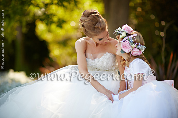Flower Girl Dresses/California Luxury Wedding of the Year 2014 in Antique White and Peony Pink Style 902 - From the Fairytale Flower Girl Dress Collection in Silk and Tulle with Monogramming