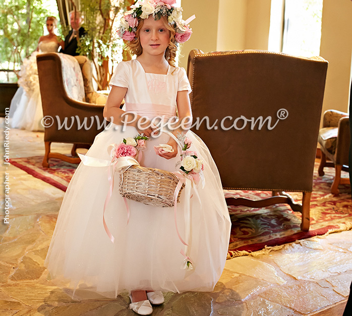 Flower Girl Dresses/California Luxury Wedding of the Year 2014 in Antique White and Peony Pink Style 902 - From the Fairytale Flower Girl Dress Collection in Silk and Tulle with Monogramming