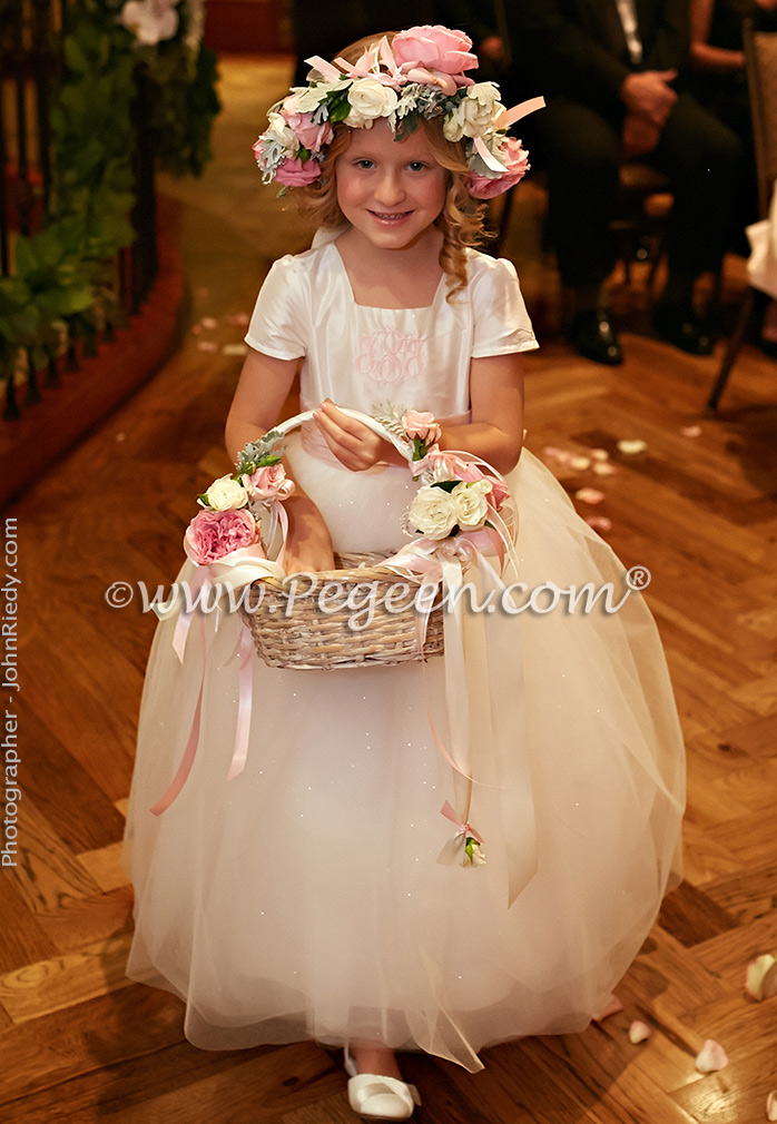 Flower Girl Dresses/California Luxury Wedding of the Year 2014 in Antique White and Peony Pink Style 902 - From the Fairytale Flower Girl Dress Collection in Silk and Tulle with Monogramming
