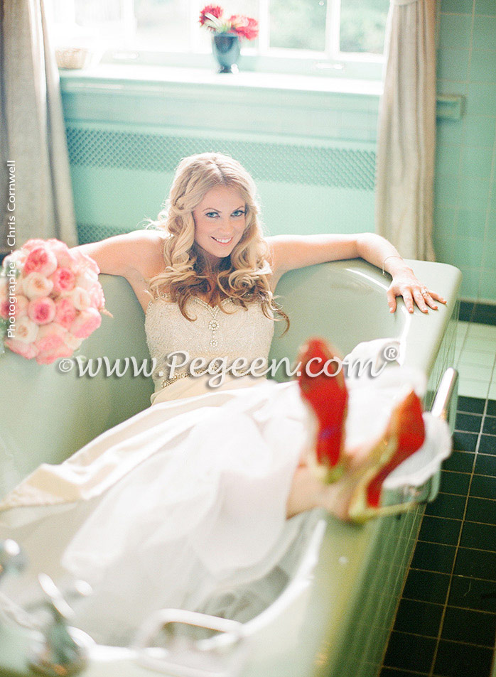 Toffee silk and tulle and Swarovski crystals flower girl dresses