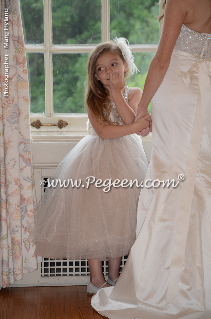 Toffee silk and tulle and Swarovski crystals flower girl dresses