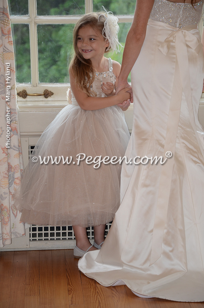 Toffee silk and tulle and Swarovski crystals flower girl dresses