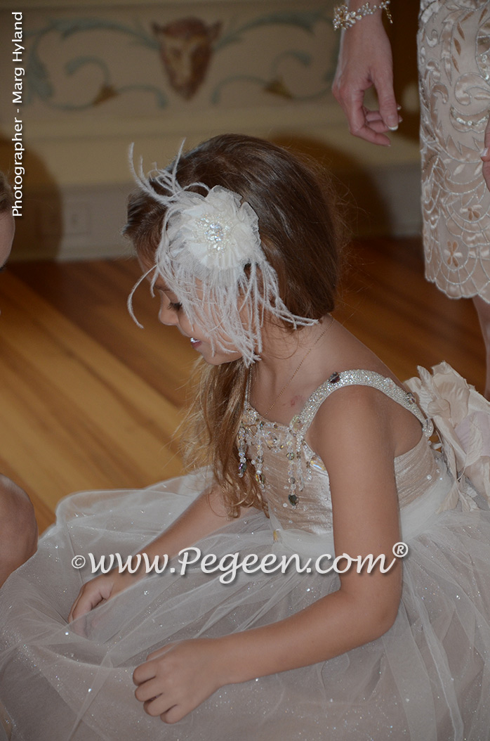 Toffee silk and tulle and Swarovski crystals flower girl dresses