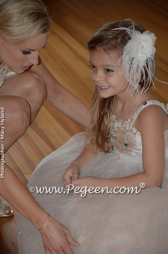 Toffee silk and tulle and Swarovski crystals flower girl dresses