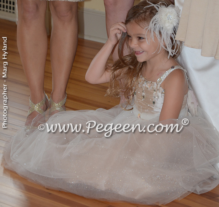 Toffee silk and tulle and Swarovski crystals flower girl dresses
