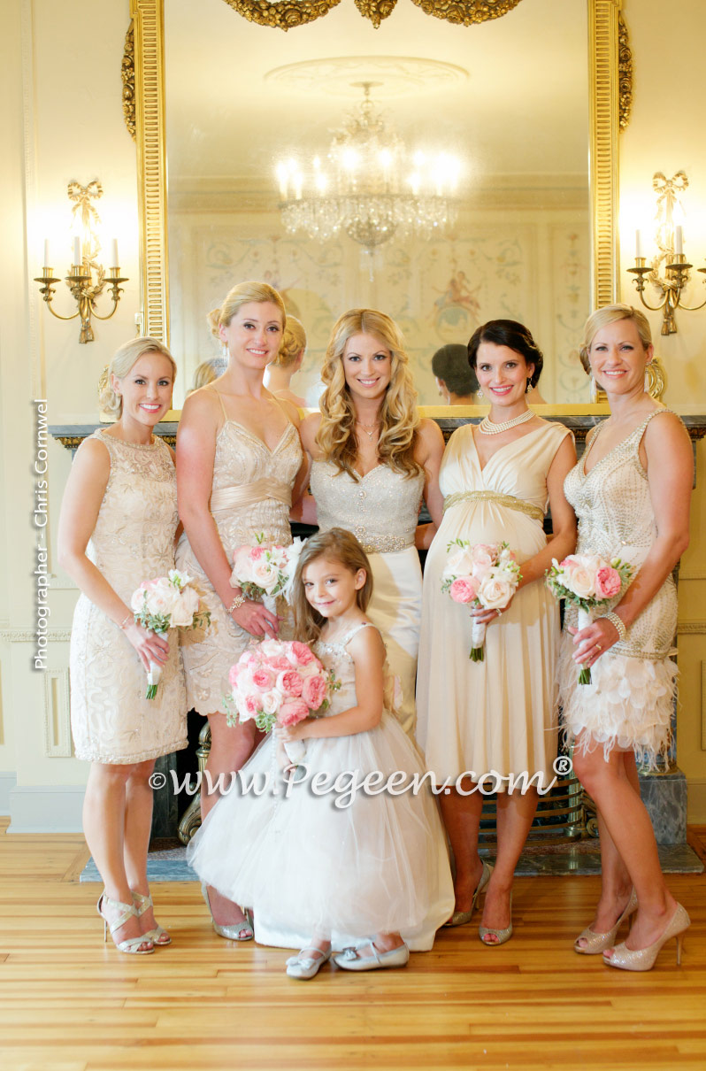 Toffee silk and tulle and Swarovski crystals flower girl dresses