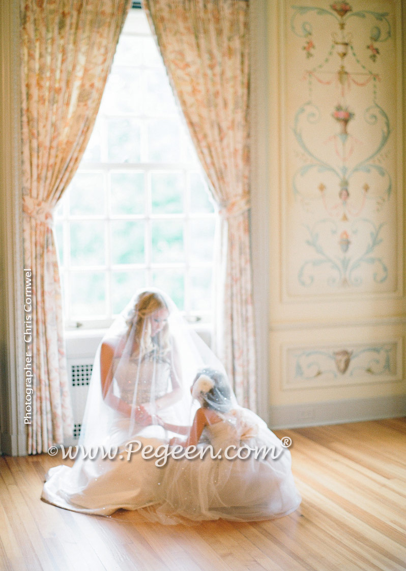 Toffee silk and tulle and Swarovski crystals flower girl dresses