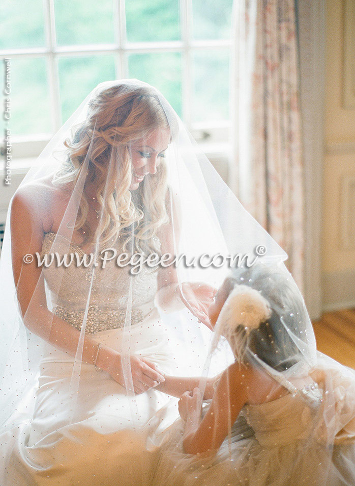 Toffee silk and tulle and Swarovski crystals flower girl dresses