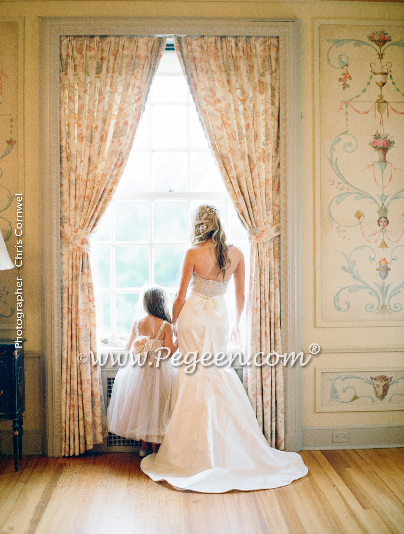 Toffee silk and tulle and Swarovski crystals flower girl dresses