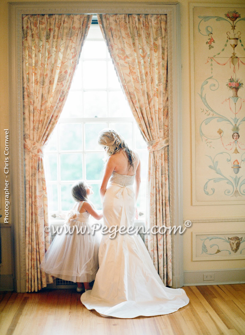 Toffee silk and tulle and Swarovski crystals flower girl dresses