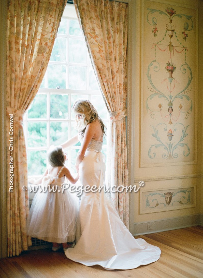 Toffee silk and tulle and Swarovski crystals flower girl dresses