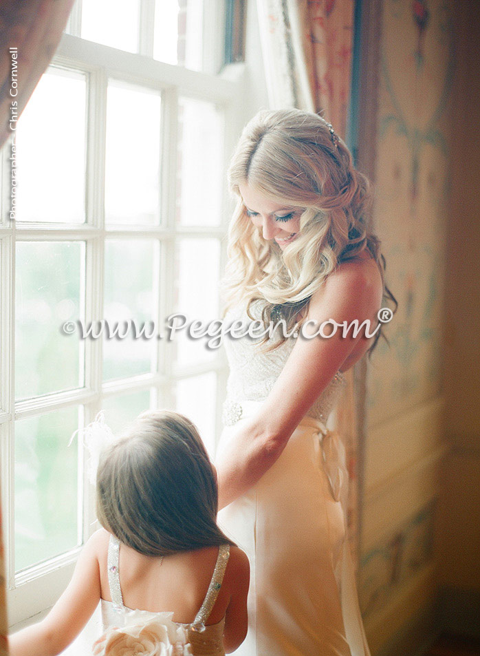 Toffee silk and tulle and Swarovski crystals flower girl dresses
