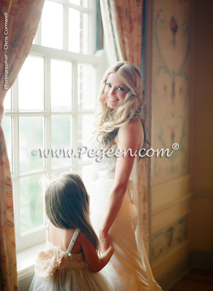 Toffee silk and tulle and Swarovski crystals flower girl dresses